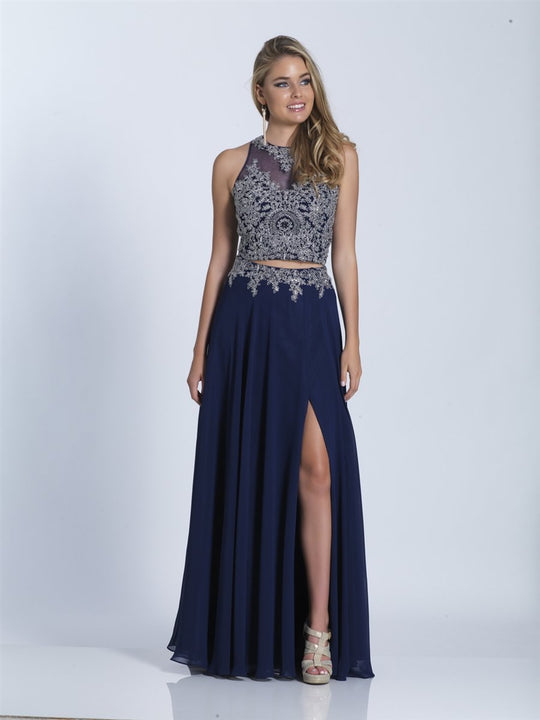 Dave & Johnny - A6249 Two-Piece Illusion Jewel Lace Gown in Blue and Silver