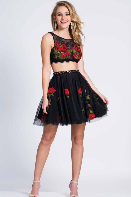 Dave & Johnny - A6255 Lace And Floral Embroidered Two Piece Dress In Black