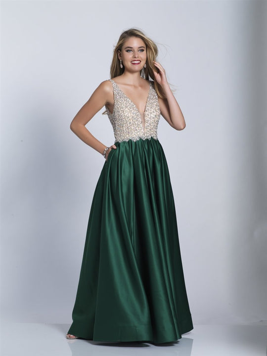 Dave & Johnny - A6395 Crystal Crusted Plunging A-Line Gown in Green