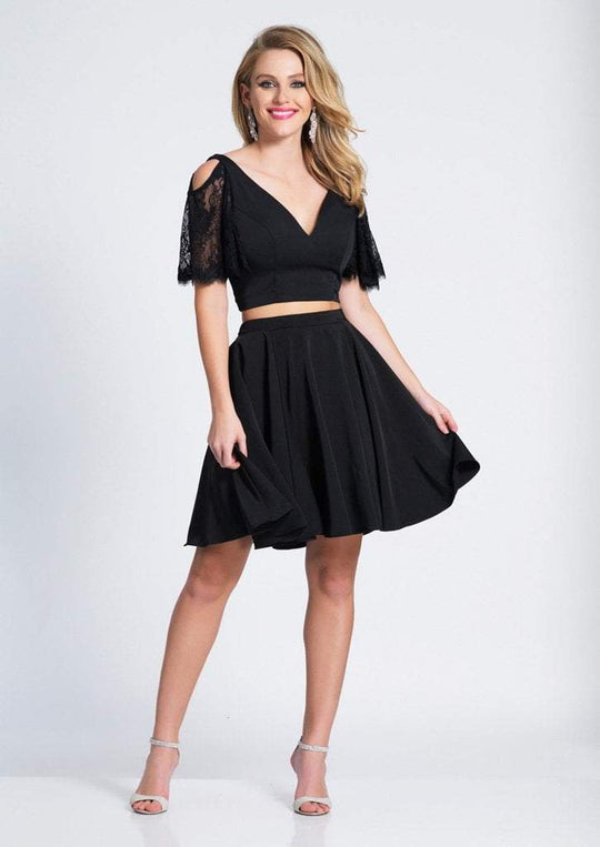 Dave & Johnny - A6482 Two Piece Lace Sleeve Plunging V-neck Dress In Black