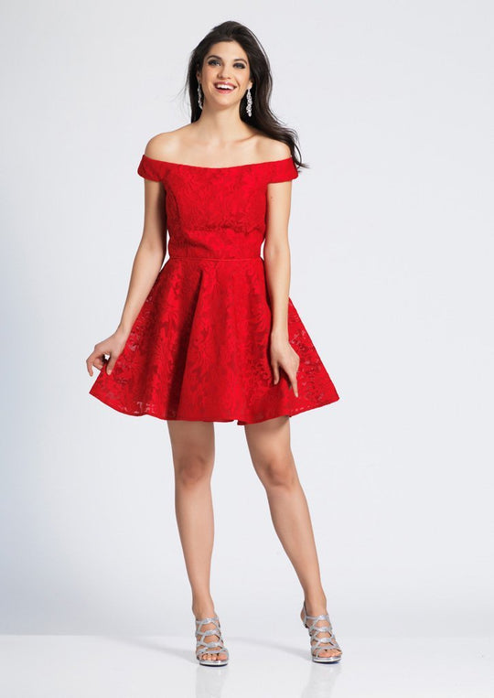Dave & Johnny - A6549 Lace Off-Shoulder A-line Cocktail Dress In Red