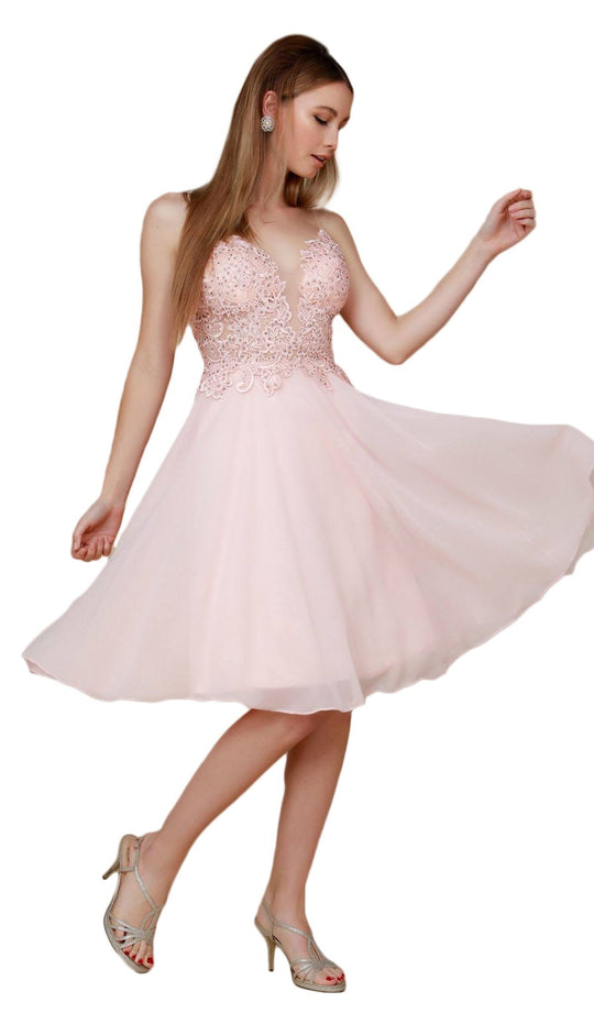 Nox Anabel - A660 Crystal Beaded V-neck Chiffon A-line Dress