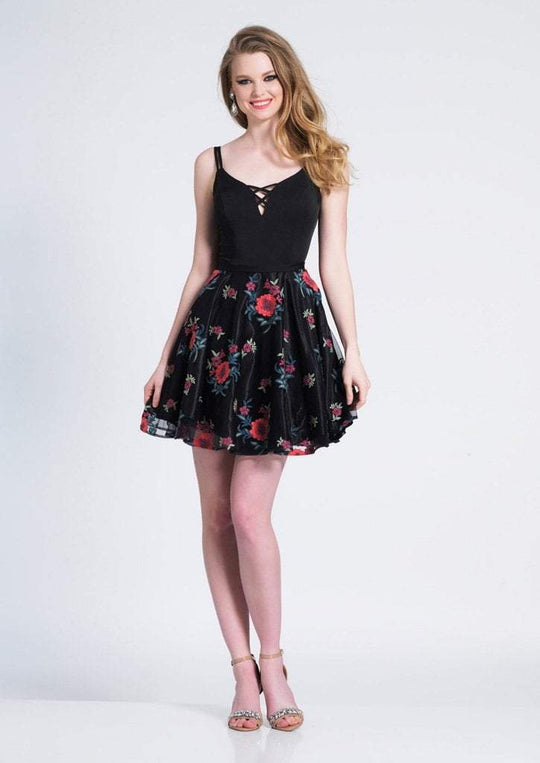 Dave & Johnny - A6709 Lace Up V-neck Floral Embroidered A-line Dress In Black
