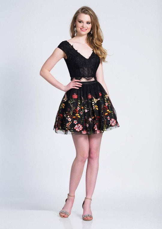 Dave & Johnny - A6967 Two Piece Lace V-neck Embroidered A-line Dress In Black