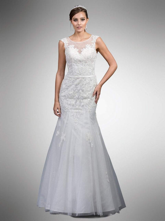 Dancing Queen - A7000 Lace Applique Illusion Bateau Trumpet Gown in White