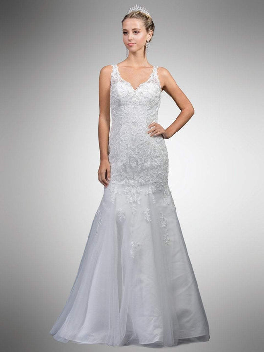 Dancing Queen - A7001 Sleeveless Beaded Lace Trumpet Gown in White