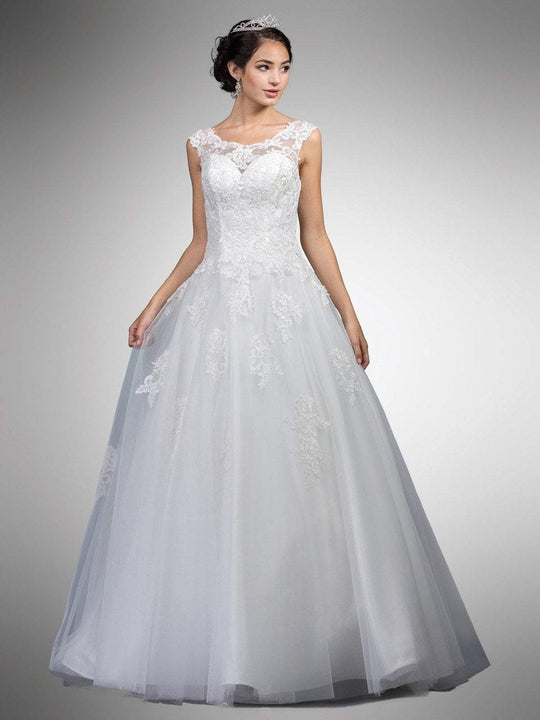 Dancing Queen - A7002 Embellished Lace Illusion Bateau Ballgown in White