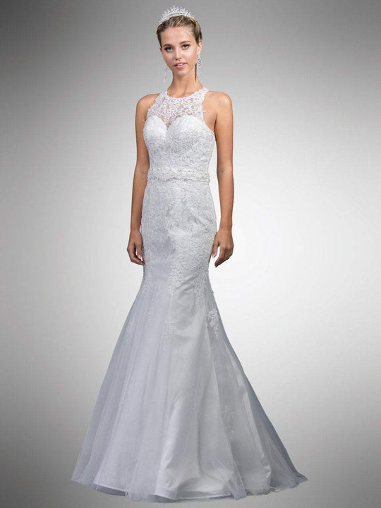 Dancing Queen - A7003 Beaded Lace Illusion Halter Mermaid Gown in White