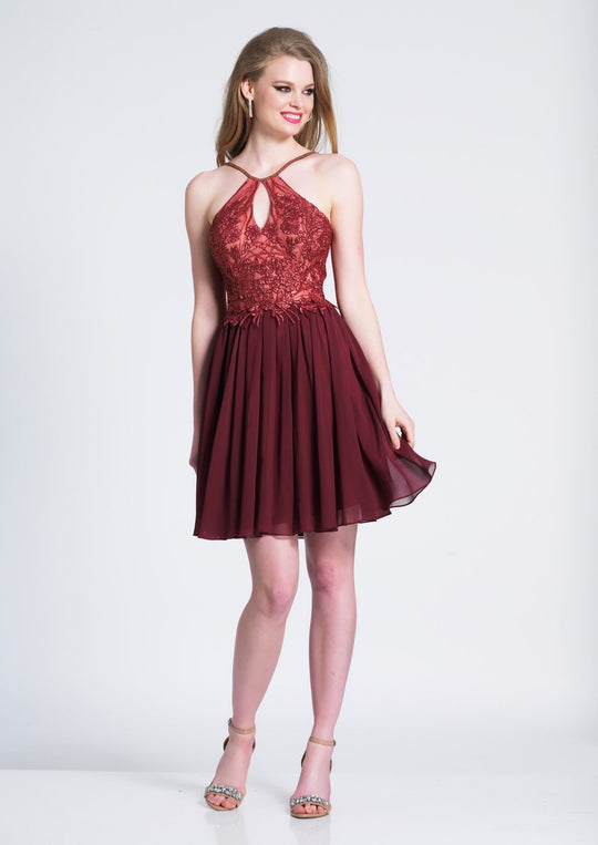 Dave & Johnny - A7050 Embroidered Halter Neck A-line Cocktail Dress In Red