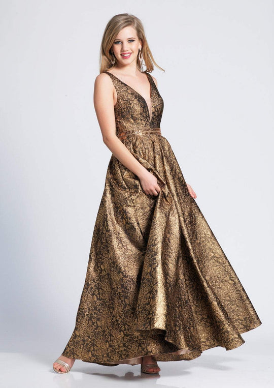Dave & Johnny - A7104 Embroidered Deep V-neck A-line Dress In Gold