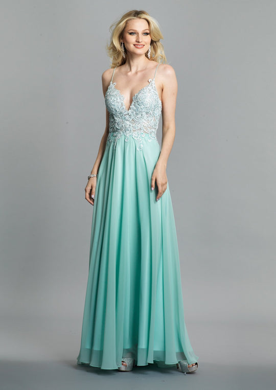 Dave & Johnny - A7248 Semi Sheer Lace Top Spaghetti Strap Prom Gown In Green