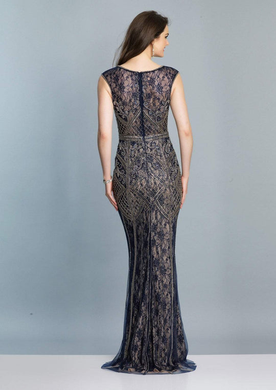 Dave & Johnny - A7504 Cap Sleeve Beaded Illusion Lace Cutout Gown In Blue