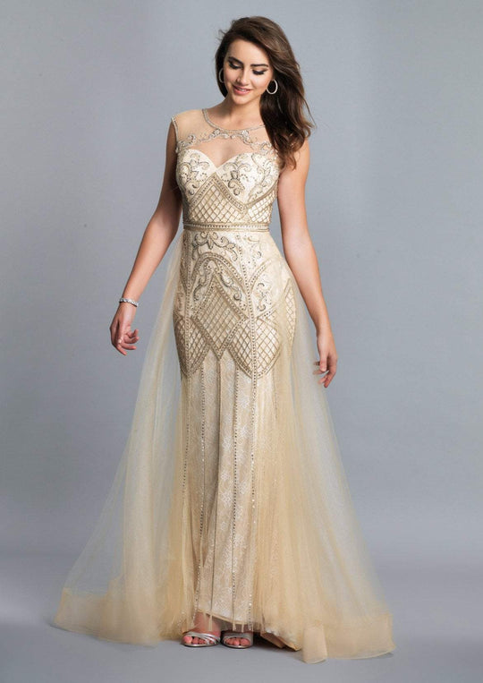Dave & Johnny - A7519 Cap Sleeve Beaded Lattice Overskirt Gown In Nude