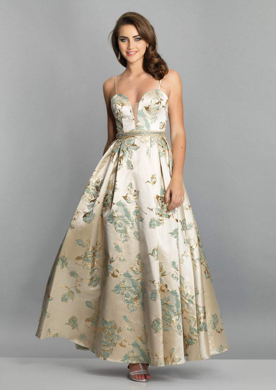 Dave & Johnny - A7549 Plunging Sweetheart Gilded Floral Ballgown In Green and Gold