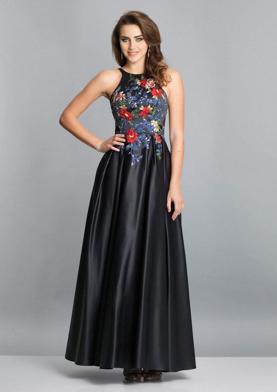 Dave & Johnny - Floral Embroidered Jewel Bodice A-Line Gown A7616  In Black