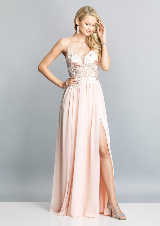 Dave & Johnny - A7628 Floral Lace Appliqued Mesh Bodice Chiffon Gown In Pink