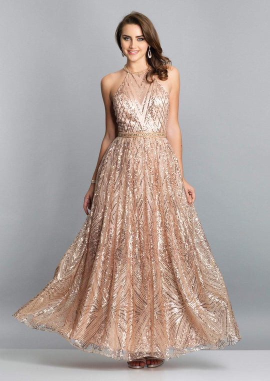 Dave & Johnny - A7675 Gilt-Illusion High Halter A-Line Gown In Pink and Gold