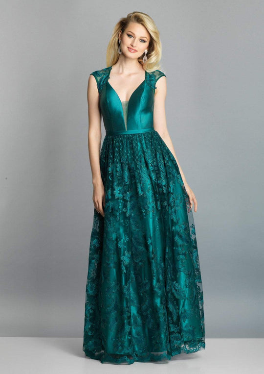 Dave & Johnny - A7691 Cap Sleeve Plunging Embroidered Gown In Green