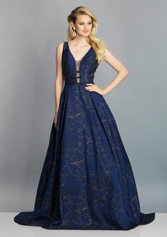 Dave & Johnny - A7704 Plunging Beaded Tri-Band Ballgown In Blue