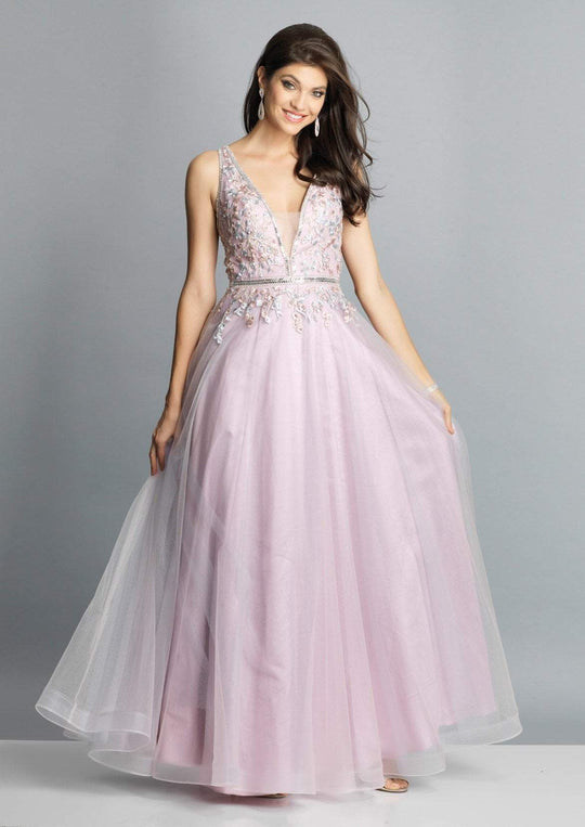 Dave & Johnny - A7927 Floral Embroidered Metallic Trimmed A-Line Gown In Pink