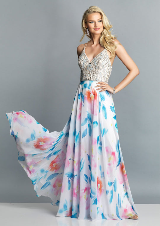 Dave & Johnny - A7932 Beaded Bodice Floral Print A-Line Gown In Print