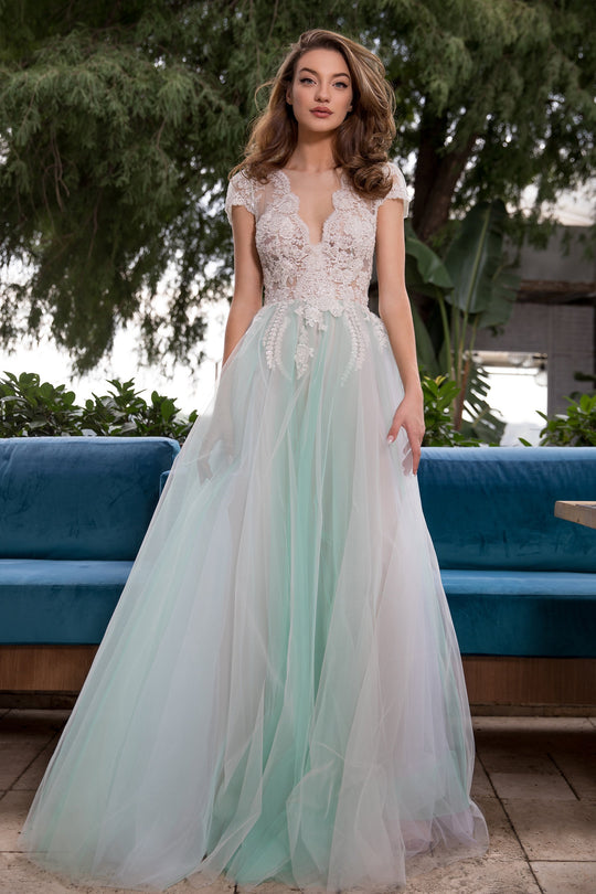 Cristallini - SKA 865 Floral Embroidered Plunging V-Neck Tulle Gown In White and Green