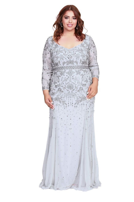 Shail K - 12162W Bedazzled Long Sleeve V-neck Trumpet Dress In Silver