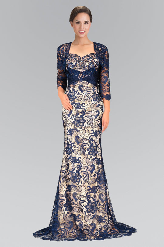 Elizabeth K - GL1419 Embellished Lace Sweetheart Trumpet Dress In Blue
