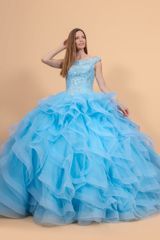 Elizabeth K - GL1600 Jewel Embellished Bodice Tulle Ballgown In Blue