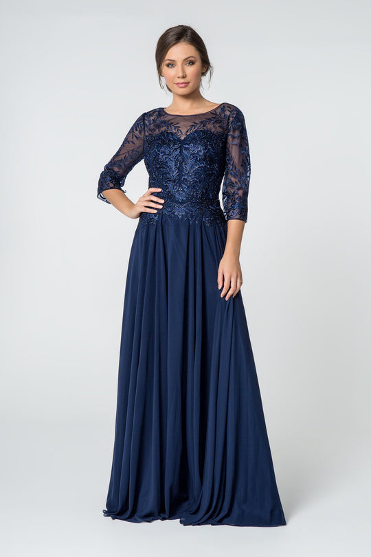 Elizabeth K - GL2810 Embroidered Bateau Chiffon A-line Gown In Blue