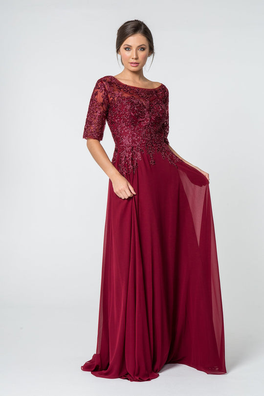 Elizabeth K - GL2811 Embroidered Quarter Length Sleeve Chiffon Dress In Red