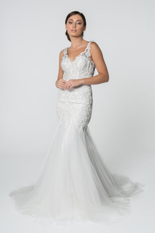 Elizabeth K - GL2815 Embroidered V-Neck Mermaid Wedding Dress In White