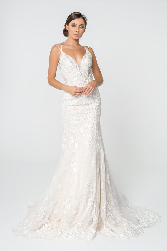 Elizabeth K - GL2820 Embellished Lace Deep V-neck Trumpet Gown In White