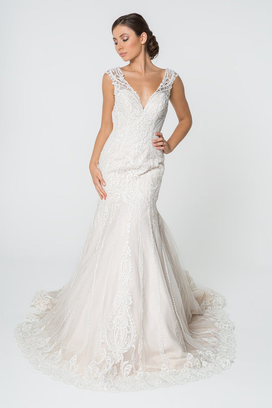 Elizabeth K - GL2821 Embellished Lace V-neck Trumpet Gown In White