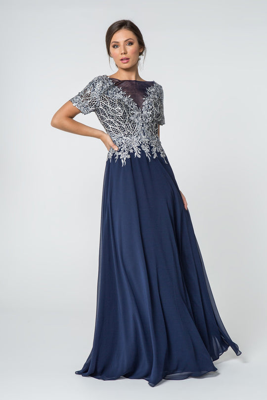 Elizabeth K - GL2826 Metallic Lace Embroidered Chiffon Dress In Blue