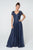 Elizabeth K - GL2829 Long V-Neck Embellished Lace A-Line Dress In Blue