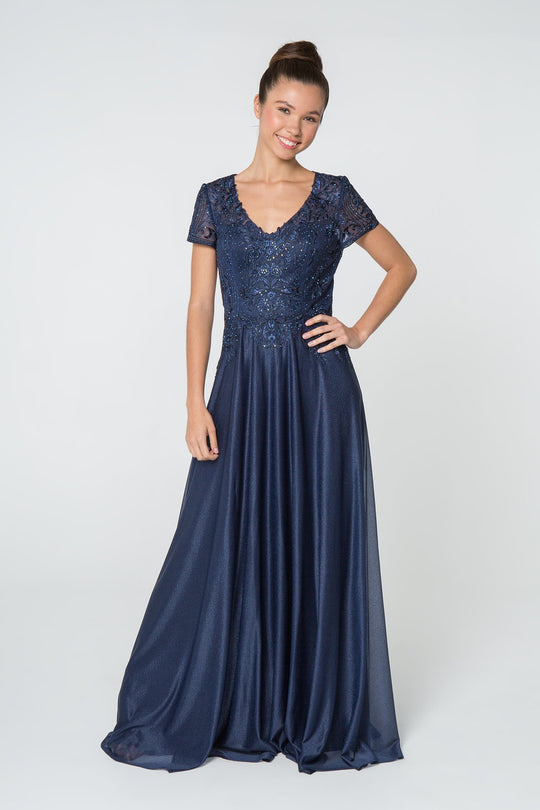 Elizabeth K - GL2829 Long V-Neck Embellished Lace A-Line Dress In Blue