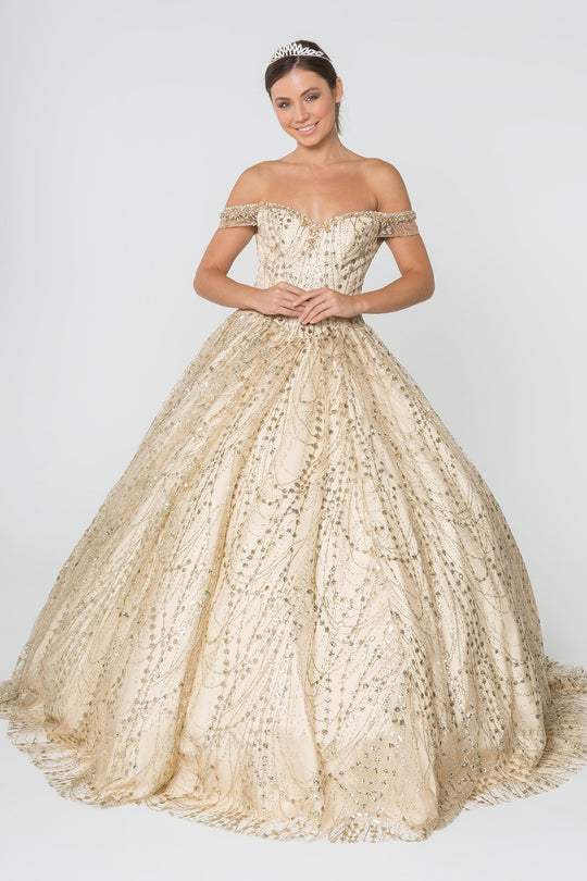 Elizabeth K - GL2831 Off Shoulder Glitter Mesh Ballgown In Neutral and Gold