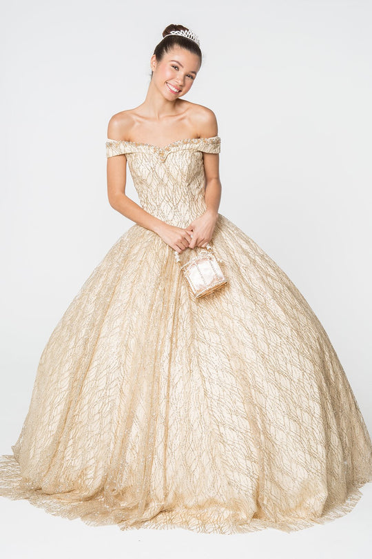 Elizabeth K - GL2832 Foldover Off Shoulder Glitter Ballgown In Neutral and Gold