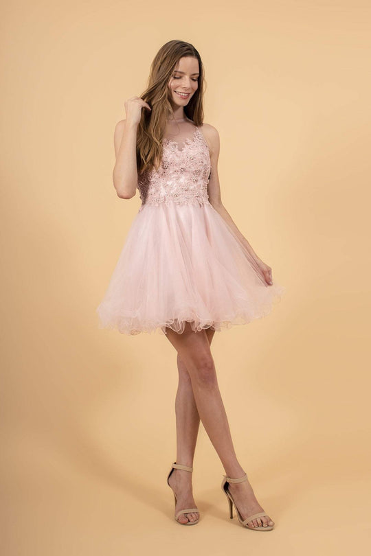 Elizabeth K - GS1607 Embroidered Bodice Illusion Tulle Cocktail Dress In Pink