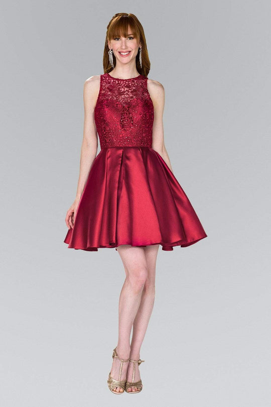 Elizabeth K - GS2383 Lace Jewel Neck Mikado A-line Dress In Red