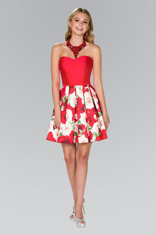 Elizabeth K - GS2385 Mikado Sweetheart Floral Print A-line Dress In Red