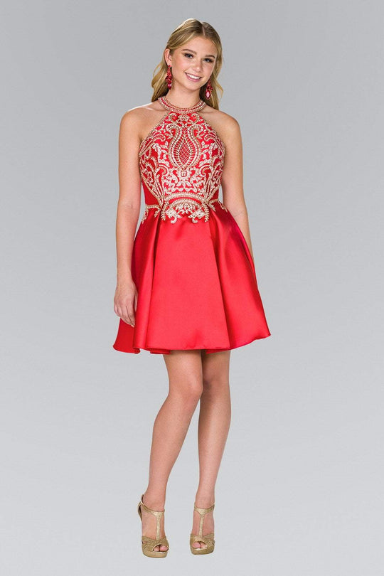 Elizabeth K - GS2389 Gilded Halter Mikado A-line Dress In Red