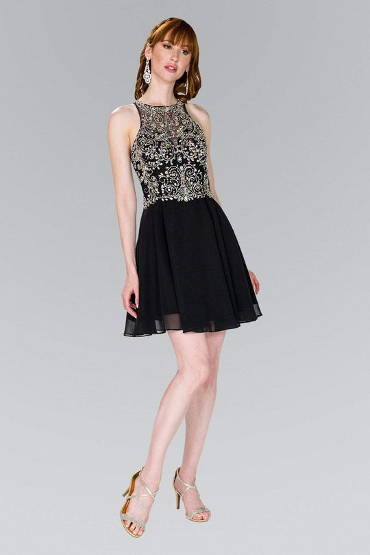 Elizabeth K - GS2395 Jewel Adorned Illusion Chiffon Dress In Black