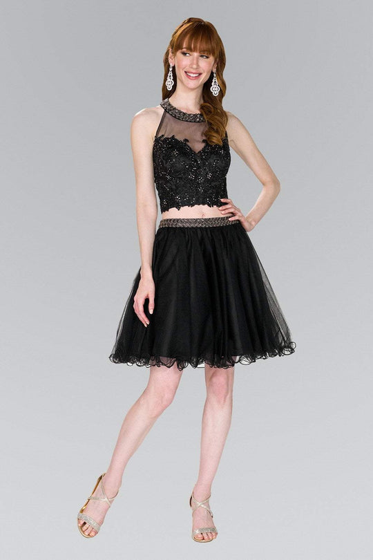 Elizabeth K - GS2398 Two Piece Applique Halter Tulle A-line Dress In Black