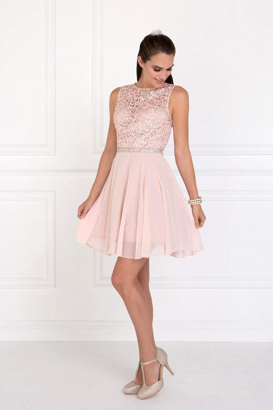Elizabeth K - GS2410 Diamond Cutout Back Lace Chiffon Cocktail Dress In Pink