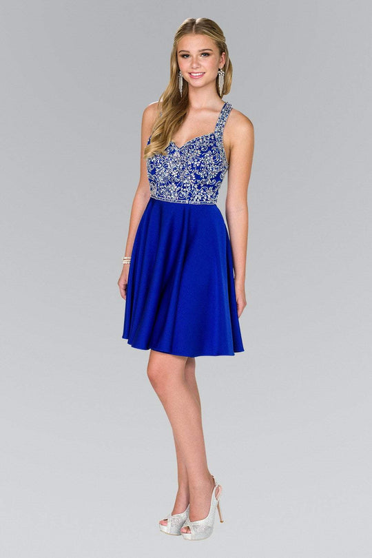Elizabeth K - GS2412 Beaded V-neck Chiffon A-line Dress in Blue