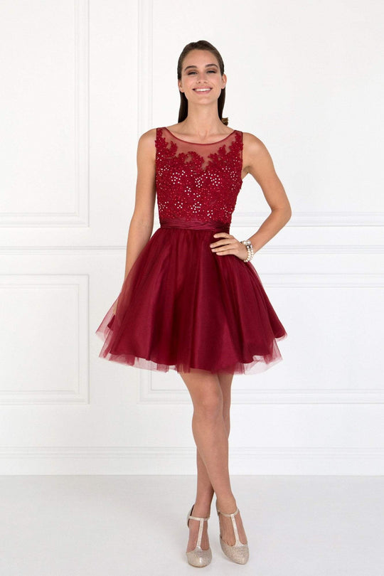 Elizabeth K - GS2414 Sparkly Beaded Lace Bodice Tulle Cocktail Dress In Red