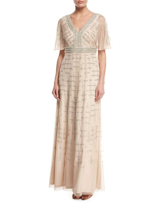 Aidan Mattox  - MD1E201195 Short Flutter Sleeve Adorned Capelet Gown in Neutral and Gold
