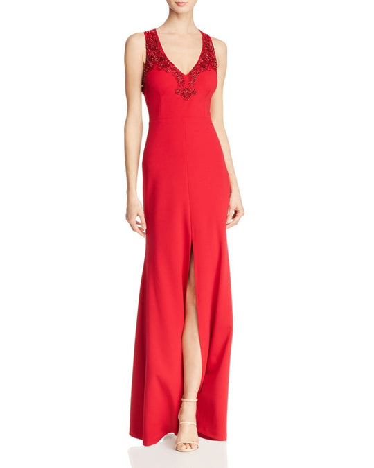 Aidan Mattox - MD1E202834 Embellished Halter V-neck Trumpet Dress In Red